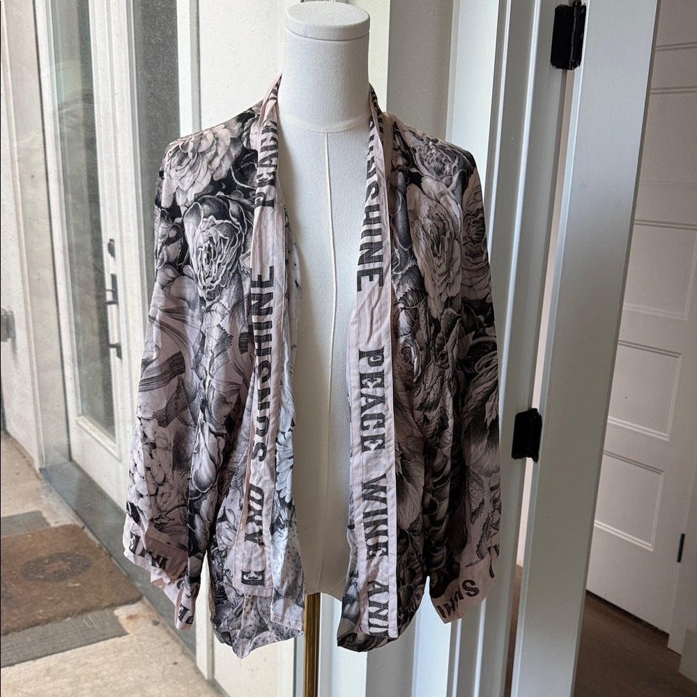 Floral Open-Front Pink and Black Lightweight Kimono